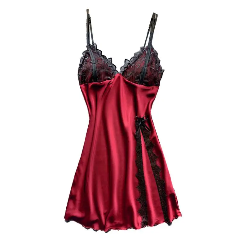 

2020 Women Satin Lace Spaghetti Strap Sexy High Split Nightgown Nightwear Dress T4MD