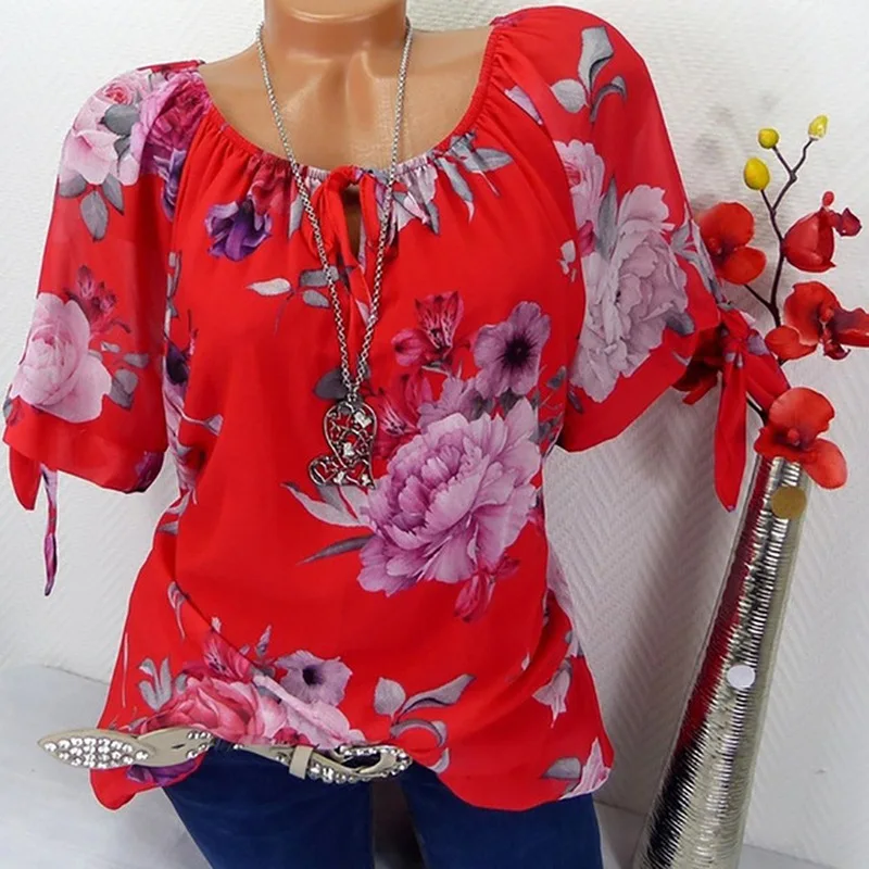 

S-5xl Plus Size Tops Office Women Short Sleeve Blouse Vintage Floral Print Blouses Casual Chiffon Pullover Fashion Loose Shirt
