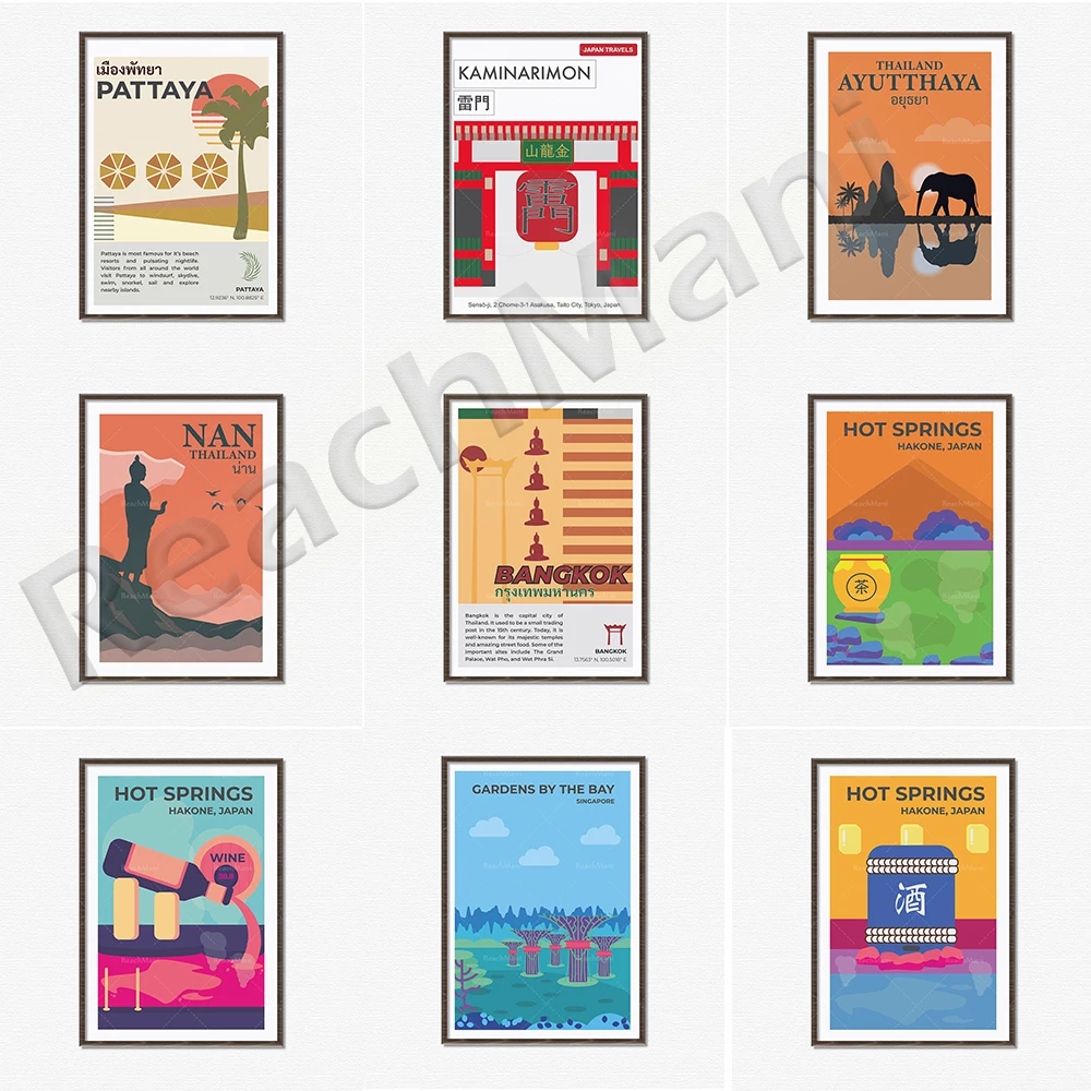 

Singapore, Pattaya, Thailand map, Phi Phi island, Japan Sensoji Kaminarimon, Mount Fuji, Fushimi Inari Shrine travel poster