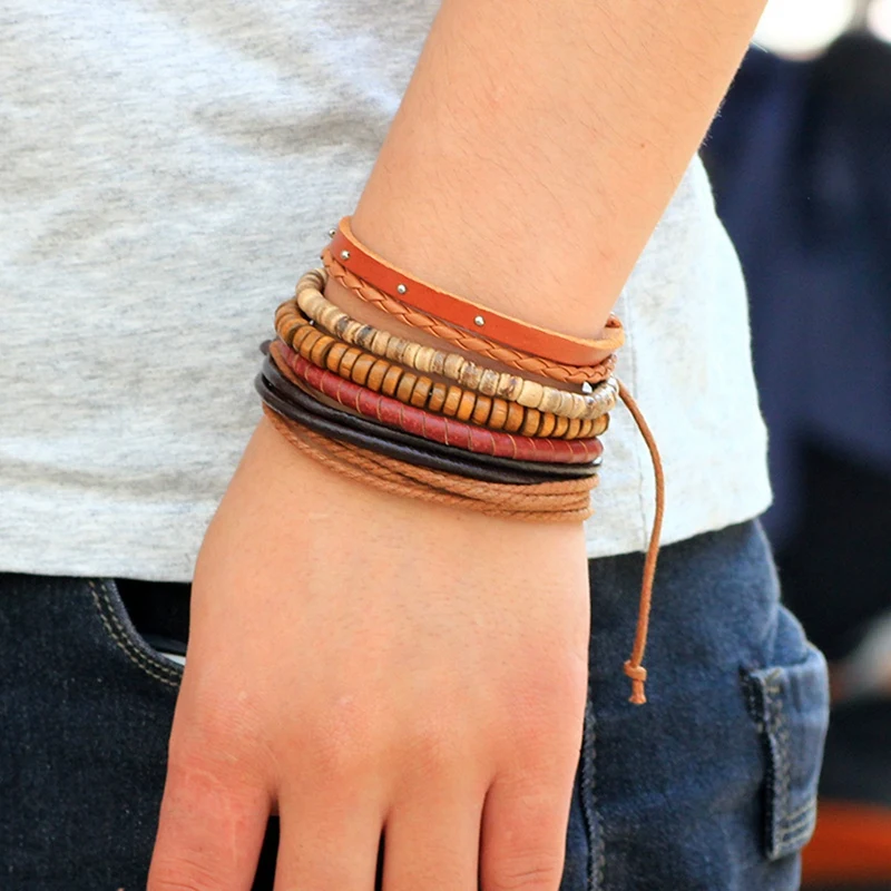 SOUARTS многослойный Панк мужской кожаный браслет Кокосовая оболочка из деревянных