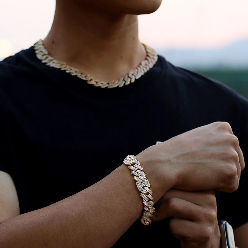 

2020 NEW 14mm Baguette Curb Cuban 18k Gold Hip Hop Jewelry Diamond Prong Baguette Curb Cuban in White Gold Chain Bracelet