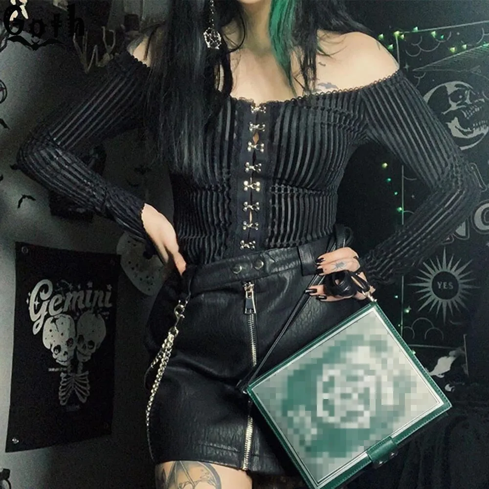 Goth Сексуальная Блузка с открытыми плечами женская прозрачная готическая Черная
