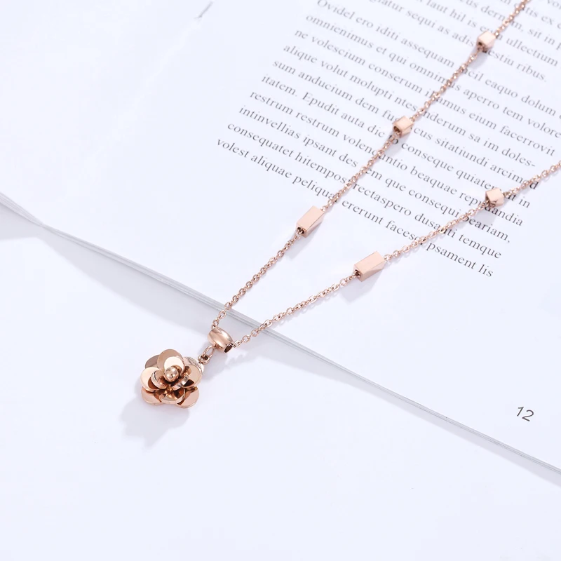 hot classic beautiful bloom flower pendant necklace top quality stainless steel rose gold color brand necklace jewelry for women free global shipping