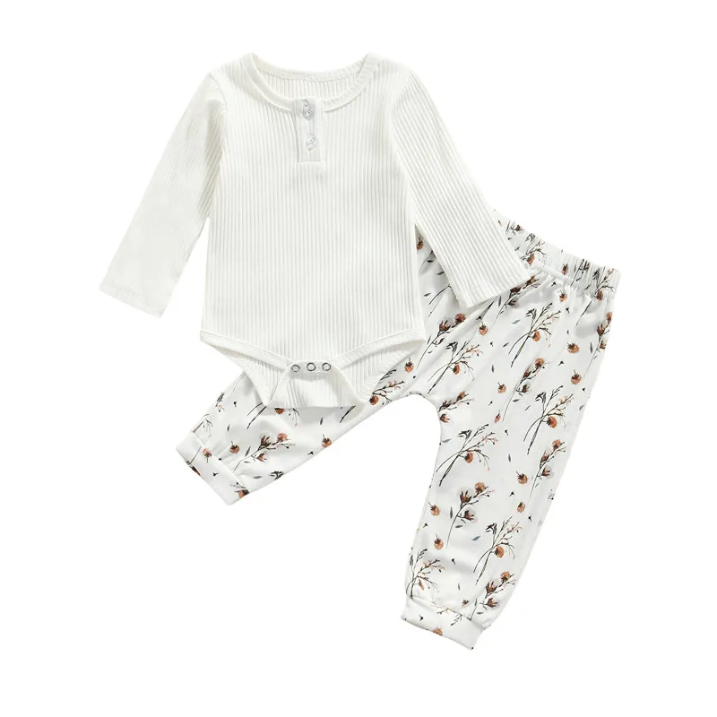 

Newborn Baby Kids Fall Spring Outfits Long Sleeve Buttons Ribbed Knit Romper+Floral Pants 2 Pieces Casual Homewear Clothes Girls