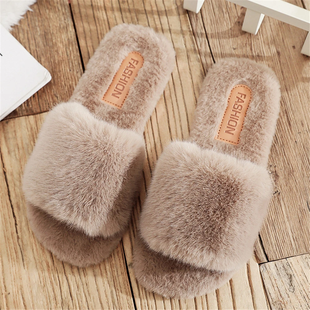 

2021 Winter Women Furry Slippers Soft Plush Faux Fur Floor Shoes Indoor Ladies Warm Home Slippers Open Toe Fluffy House Slides