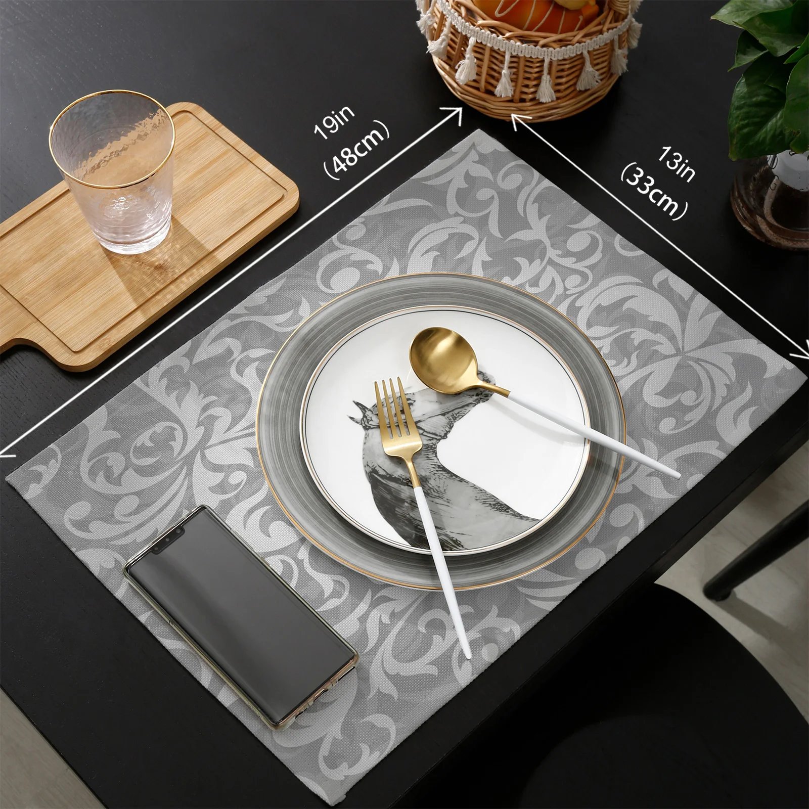 

Leaves Plant Grey Jungle Table Runner Placemats Set Wedding Table Decoration Table Runner for Kitchen Dining