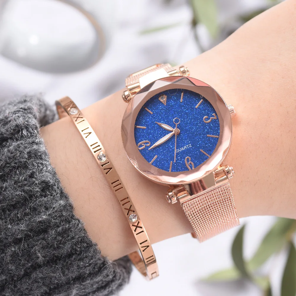Женские часы из розового золота 2019 Топ бренд Роскошные тонкие звездное небо