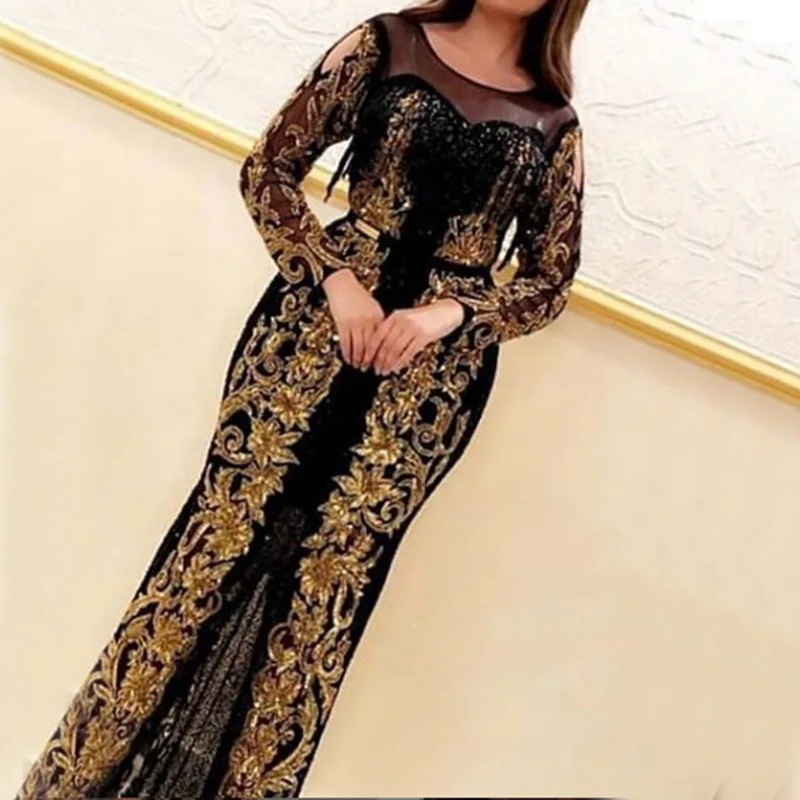 

Sexy Party Dress Women Sequins Lace Long Sleeve Round Neck Elegant Summer New Empire Sheath Floor-Length Lugentolo