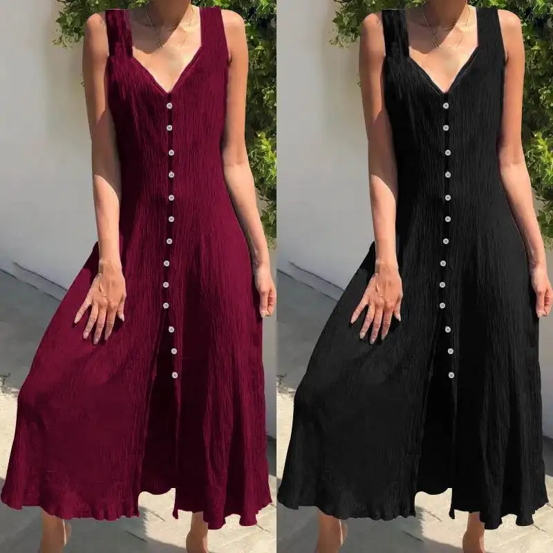 Женское длинное платье без рукавов на пуговицах винтажное Плиссированное
