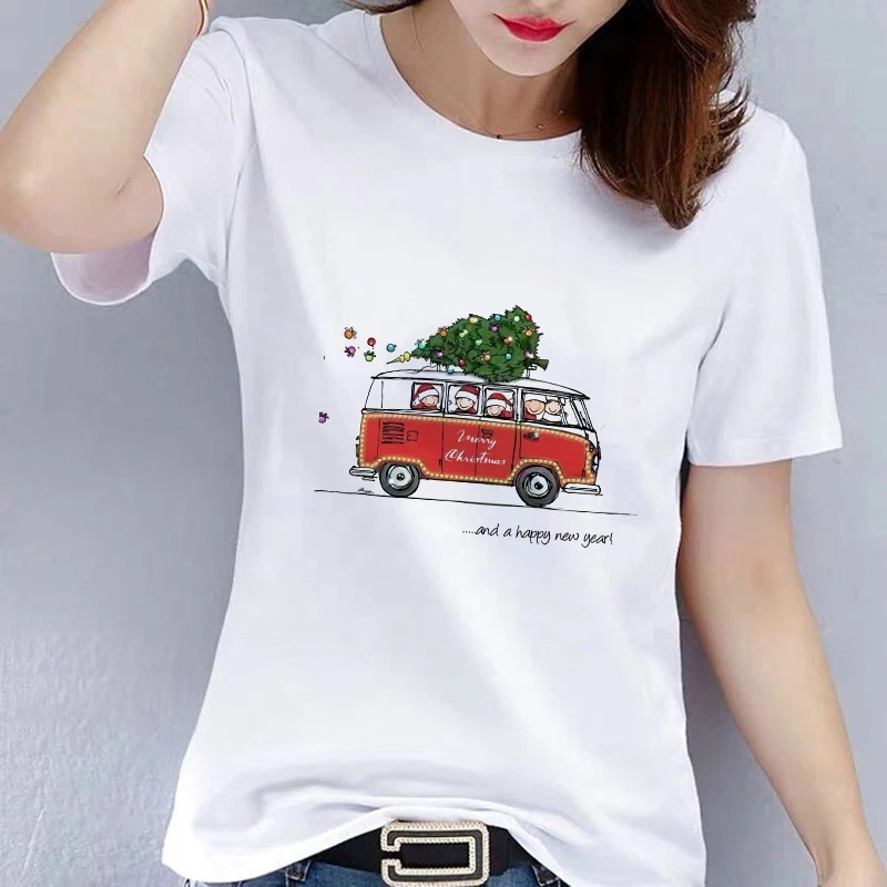 

LUSLOS Funny Women T Shirt Santa Claus T-shirt Rock Santa Printed T Shirt Women Casual White Tee Top Christmas Women Clothes CN