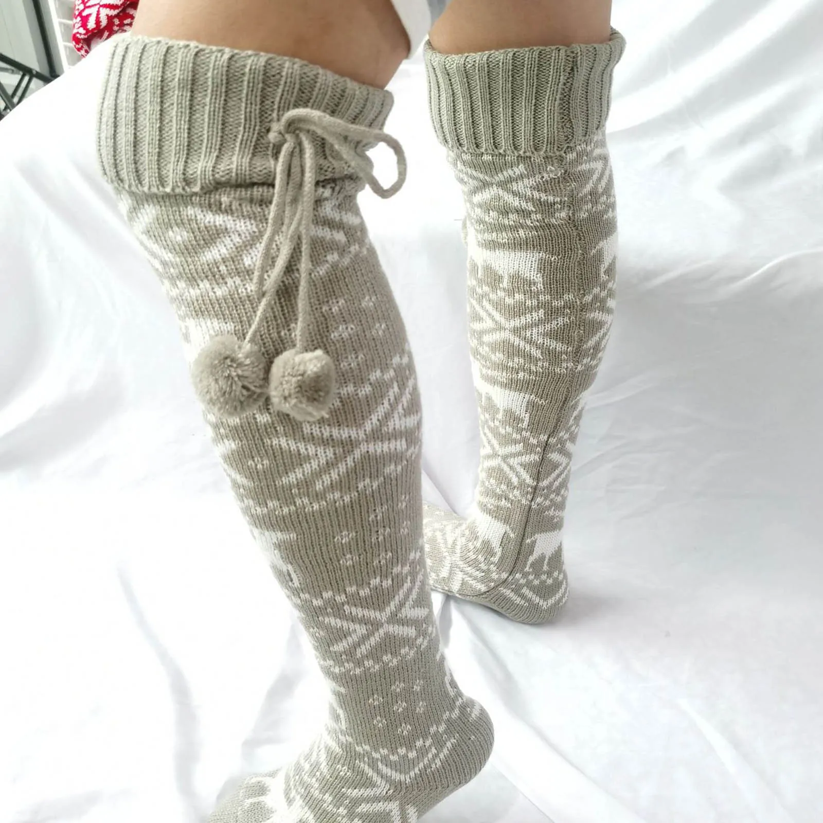 

Women Over Knee Elk Snowman Patterns Knitted Socks Christmas Stack With Hair Ball Warm Xmas Decoration Winter PR Sale