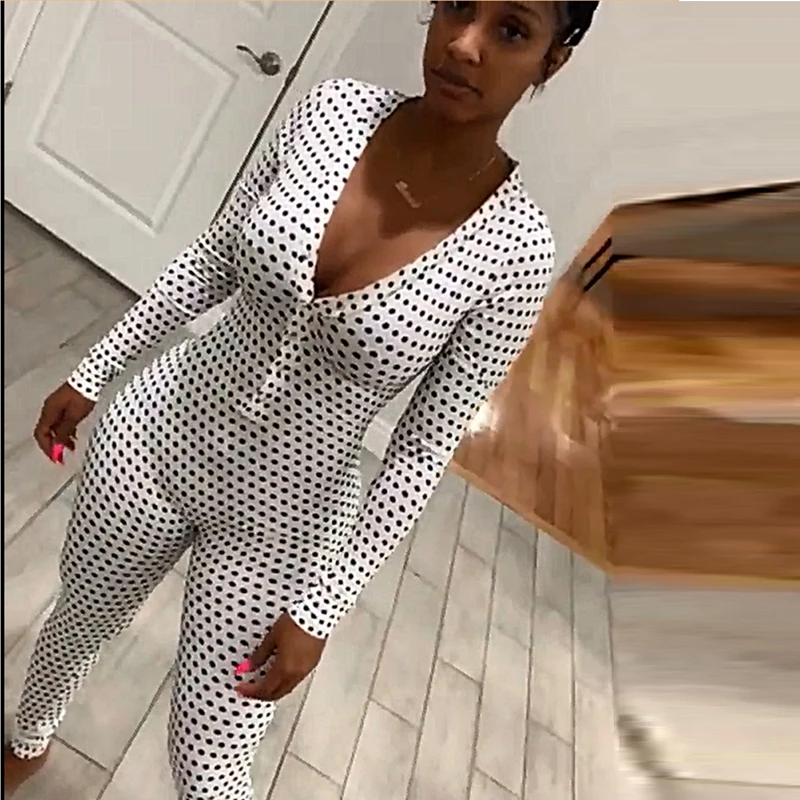 

Women White Jumpsuit Polka Dot Bodycon V Neck Long Sleeve Elastic Sexy Club Sheath Female Plus Size XXL Ladies Date Out Playsuit