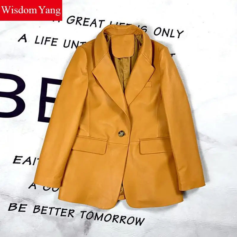 Spring Autumn Real Sheepskin Genuine Leather Suits Coat Yelloe Womens Outerwear Korean Suit Ladies Overcoat Gothic Coats Clothes