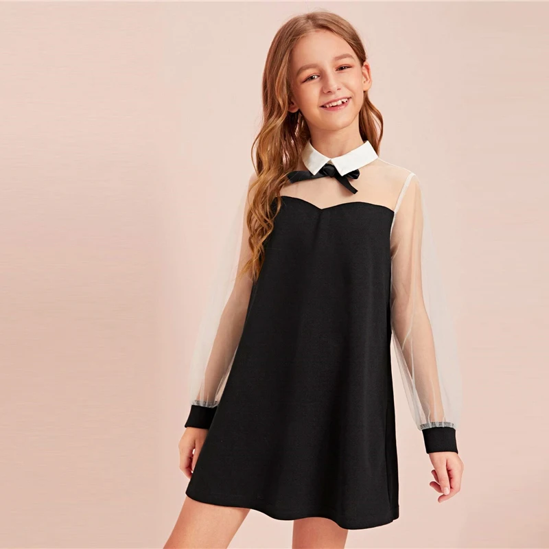 SHEIN Kiddie черный воротник бант спереди обувь для девочек консервативный дизайн платье осень контрастный сетчатый рукав пуговицы сзади линии Короткие милые платья