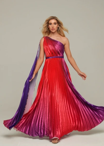 

CY Large pendulum chiffon impact color pleated diagonal shoulder cape dress sexy evening party dress nightclub fashion spring