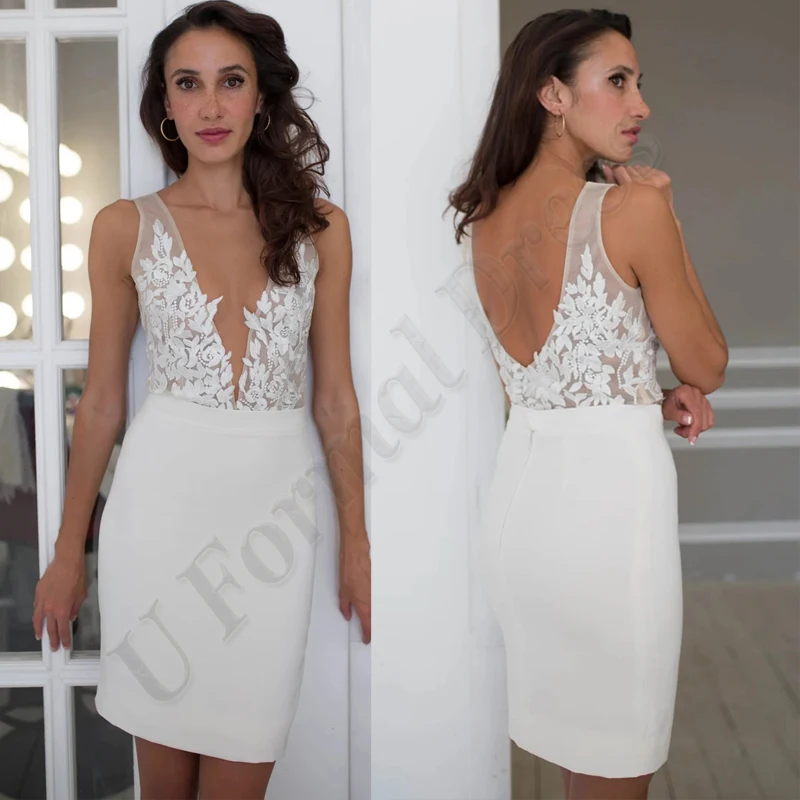 

Высококачественные короткие свадебные платья-футляры, свадебные платья с V-образным вырезом, свадебные платья с аппликацией для помолвки, с...