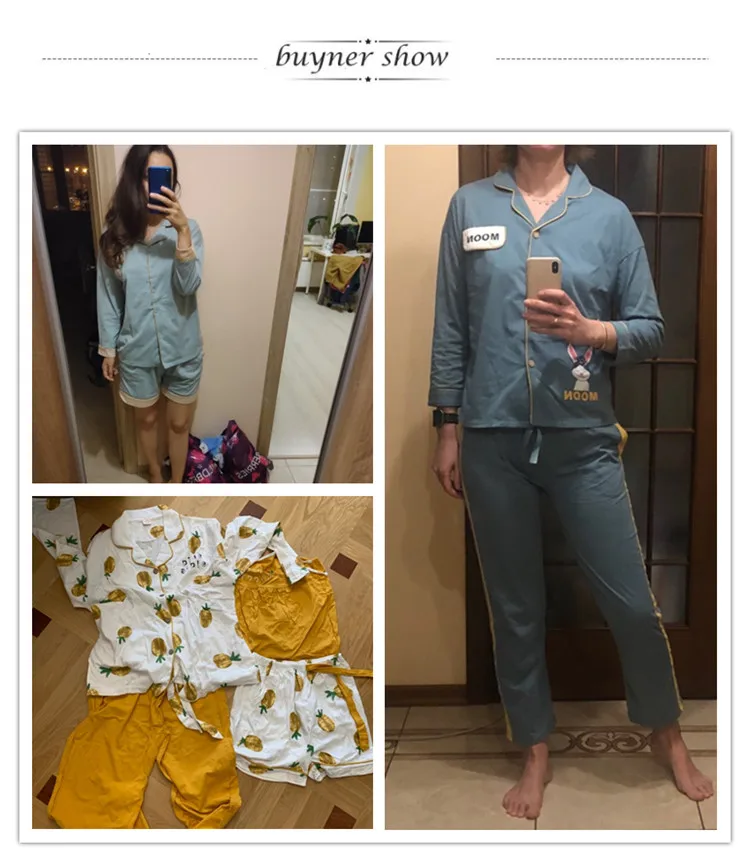 

Spring Autumn Pajamas For Women Sleepwear 7-Piece Cotton Ladies Pijamas Cartoon Print Girl Pyjamas Homewear Lingerie Nightwear