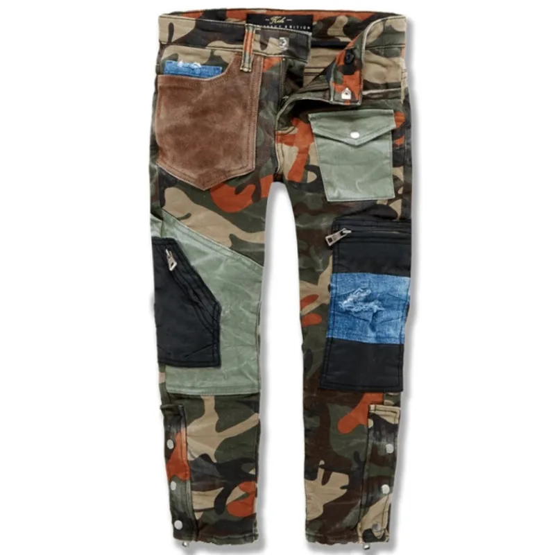 New Arrivals Camouflage Hole Ripped Men Pencil Jeans Trousers Ankle Buttons Hip Hop Patch Slim Punk Denim Pants Pantalon Homme