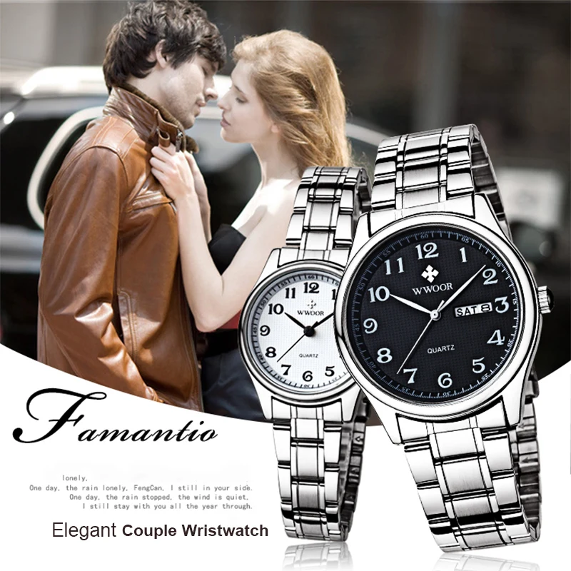 WWOOR Couple Watch Pair Men And Women Top Brand Luxury Silver Quartz Clock Male Female Gift Watch Lover Souvenir Reloj Hombre
