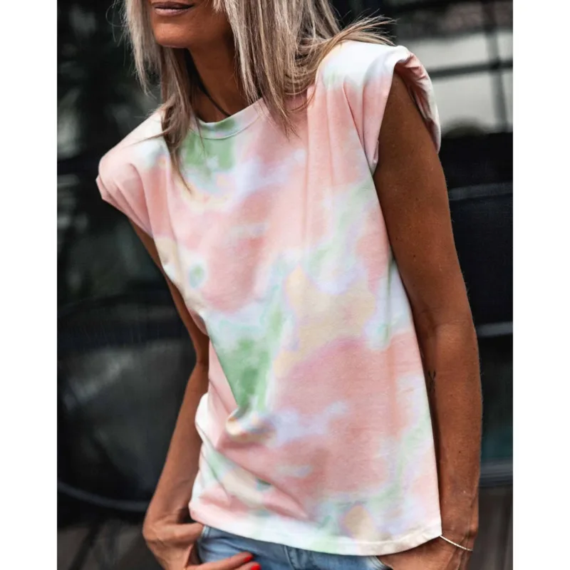 

2021 Summer Tie Dye Print Tank Top Women Streetwear Casual O Neck Sleeveless Purple Vest Tops Female Vintage Loose T Shirts Y2K