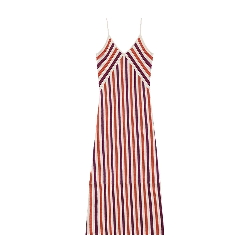 

Sexy and Versatile Color Matching Striped Suspender Long Dress Summer New Korean Style Knitted Dress for Women