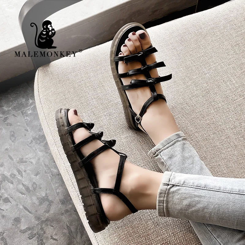 Женские сандалии с открытым носком MALEMONKEY черные из искусственной кожи на плоской
