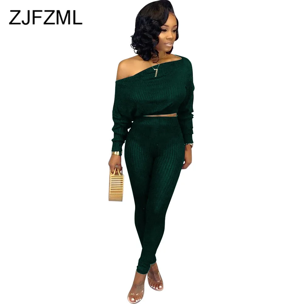 

Сексуальный ребристый комплект из 2 предметов, осенняя одежда для женщин, короткий топ на одно плечо с длинным рукавом и длинные штаны для фи...