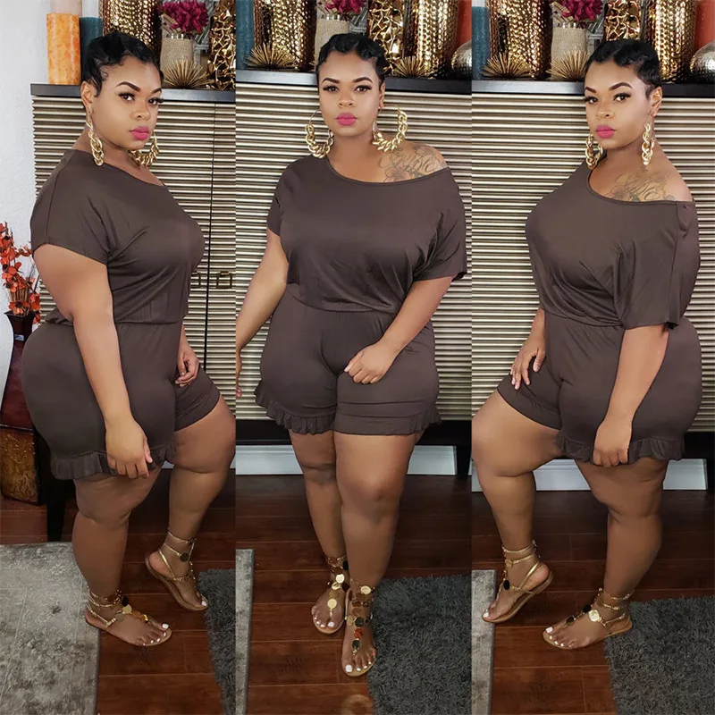 

Green Plus Size Tracksuit Women 2 Piece Outfit O-neck Short Sleeve T Shirt Tee and Ruffles Splice Tight Short Outfits