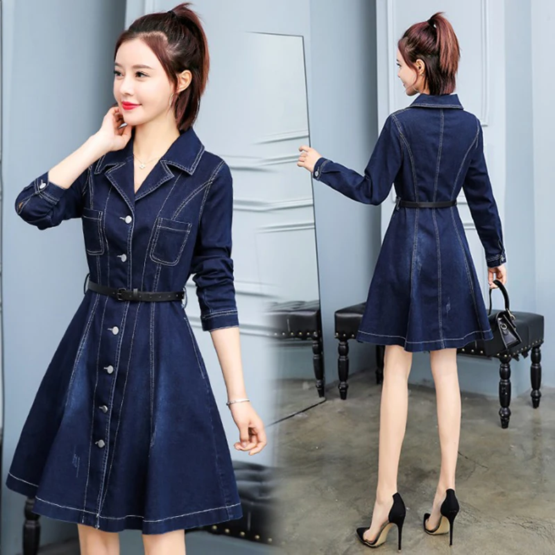 

Women Denim Dress Autumn 2020 Sexy V-Neck Long Sleeve Jeans Dress Ladies Vintage Single-breasted A Line Short Dresses Vestidos