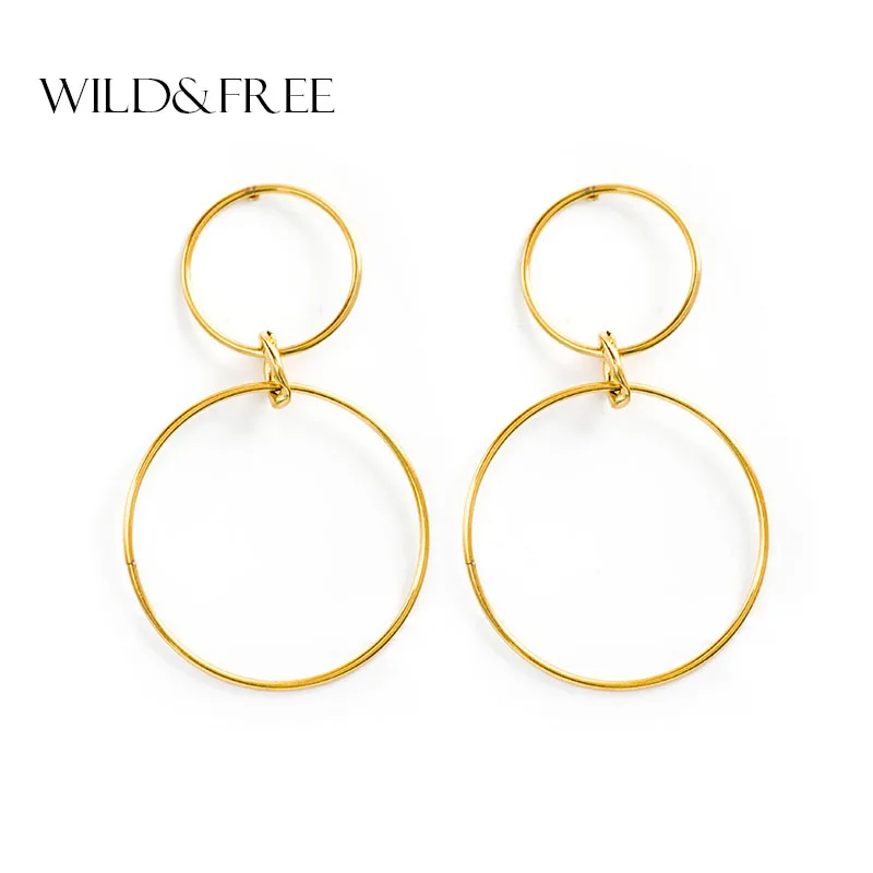 Позолоченные двойные круглые Висячие серьги для женщин в стиле панк европейские