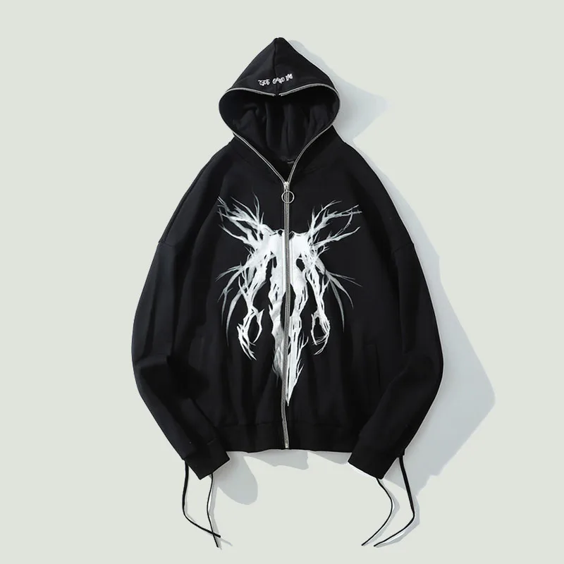 Свитшот на молнии с ленточным капюшоном и графическим принтом в стиле панк |