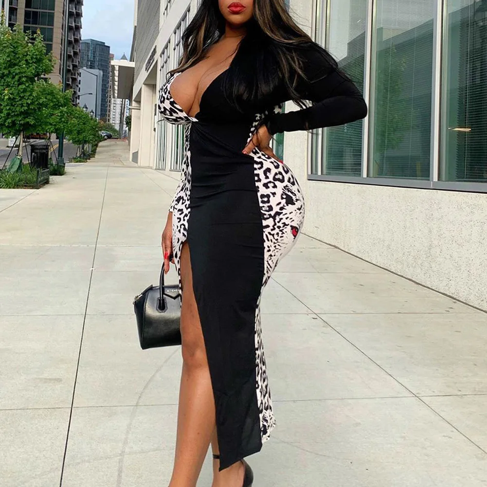 Женское платье с леопардовым принтом облегающее длинным рукавом и глубоким