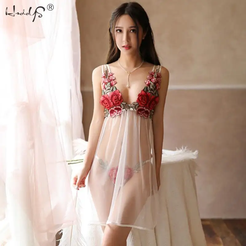 

Women Nightgown Hot Nightwear Sexy Lingerie Lace Slits Nightdress V-neck Nightie Vintage Sleepwear Female Pijama embroidery