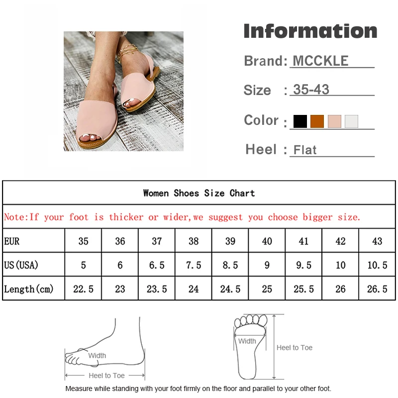 

MCCKLE Summer Sandals Women Flats Female Casual Peep Toe Shoes PU Slip on Leisure Solid Sewing Footwear Two-piece Plus Size