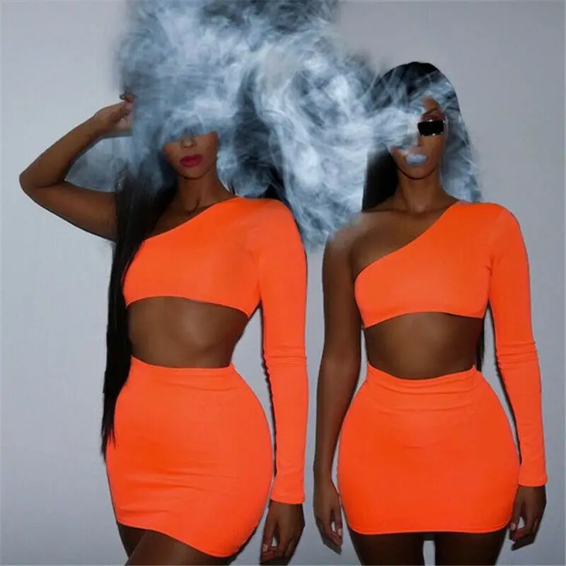 

Women Crop Top Short Skirt Bodycon Evening Cocktail Party Two Piece Set Women Casual One-shoulder Suit