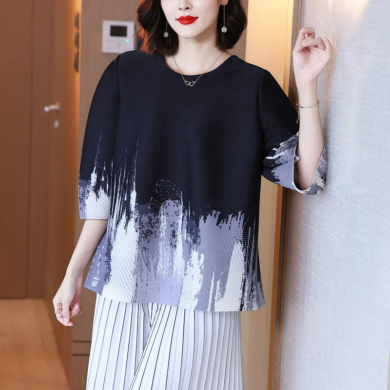 

Pleated Printing Age Reducing Mother Loose Size T-shirt Summer 2021 New Women's Foreign Style Fat Mm Belly Covering T-shirt