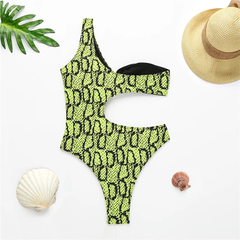 Женский цельный купальник со змеиным принтом купальный костюм с одним плечом