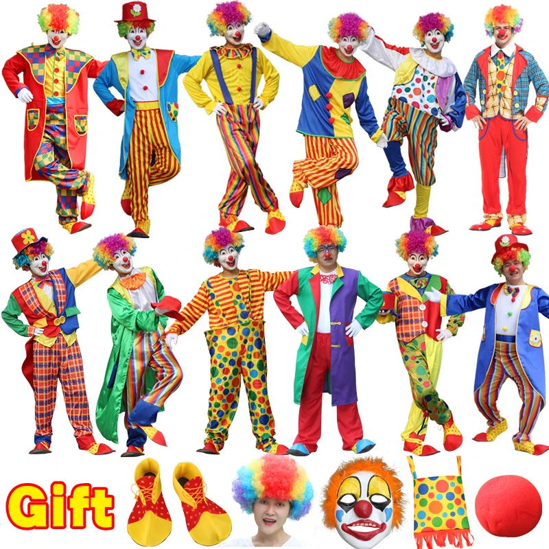 

Halloween Costumes Adult Men Hat Accessories Full Sets Funny Circus Clown Costume Naughty Joker Jester Fancy Cosplay Dress Up
