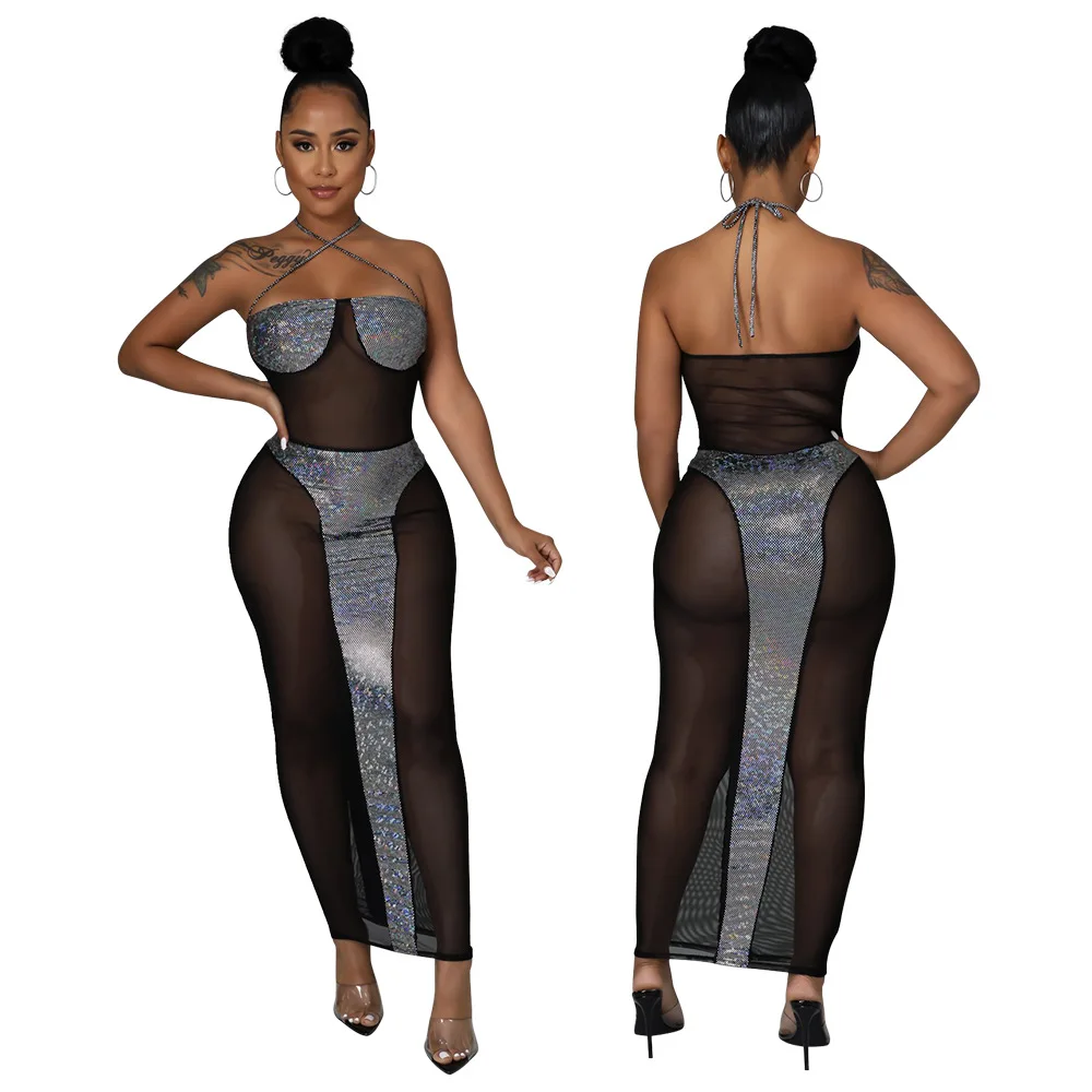 

Oluolin Autumn Sexy Cross Halterneck Strap Bag Hip Tube Top Long Dress Woman Mesh Ice Silk Hot Silver See-through Bodycon Dress
