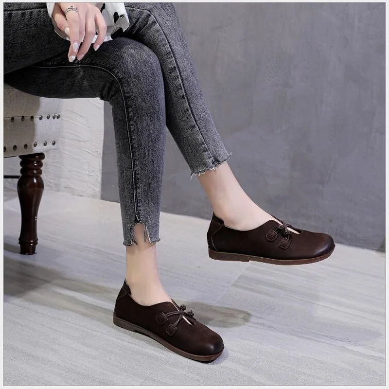 2020 New Autumn Flats Women Shoes Retro Genuine Leather Round Toe Casual Ladies Shoes soft soles top layer cowhide driving shoes