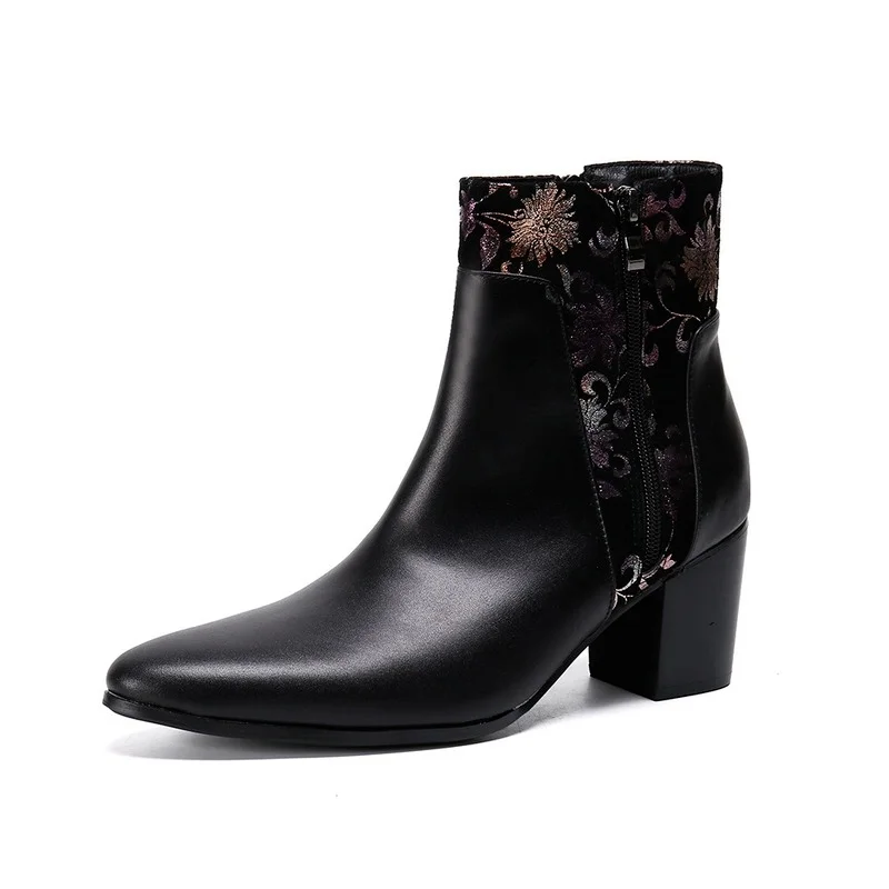 

New Luxury Men Boots Genuine Leather Ankle Boots Fashion Printing Party Men High Heels Italian Design Men Casual Work Boots