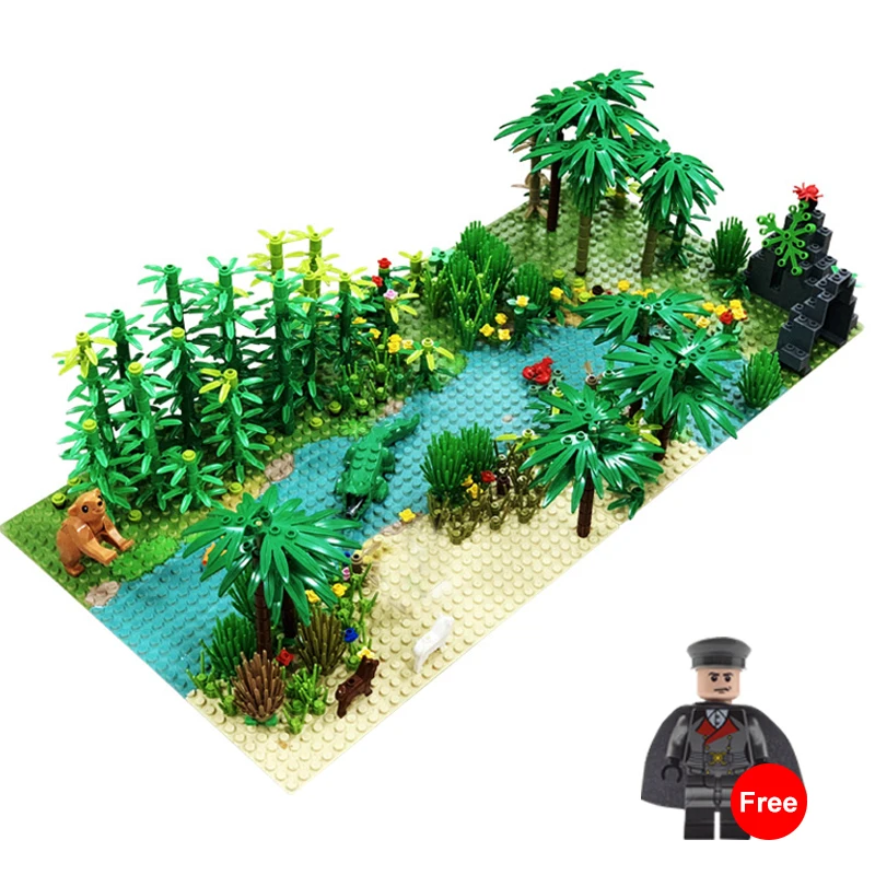 Rainforest Baseplate Parts Animal Green Grass Jungle Bush Flower Tree Plants Building Blocks DIY MOC Assemble Children Toy Gifts