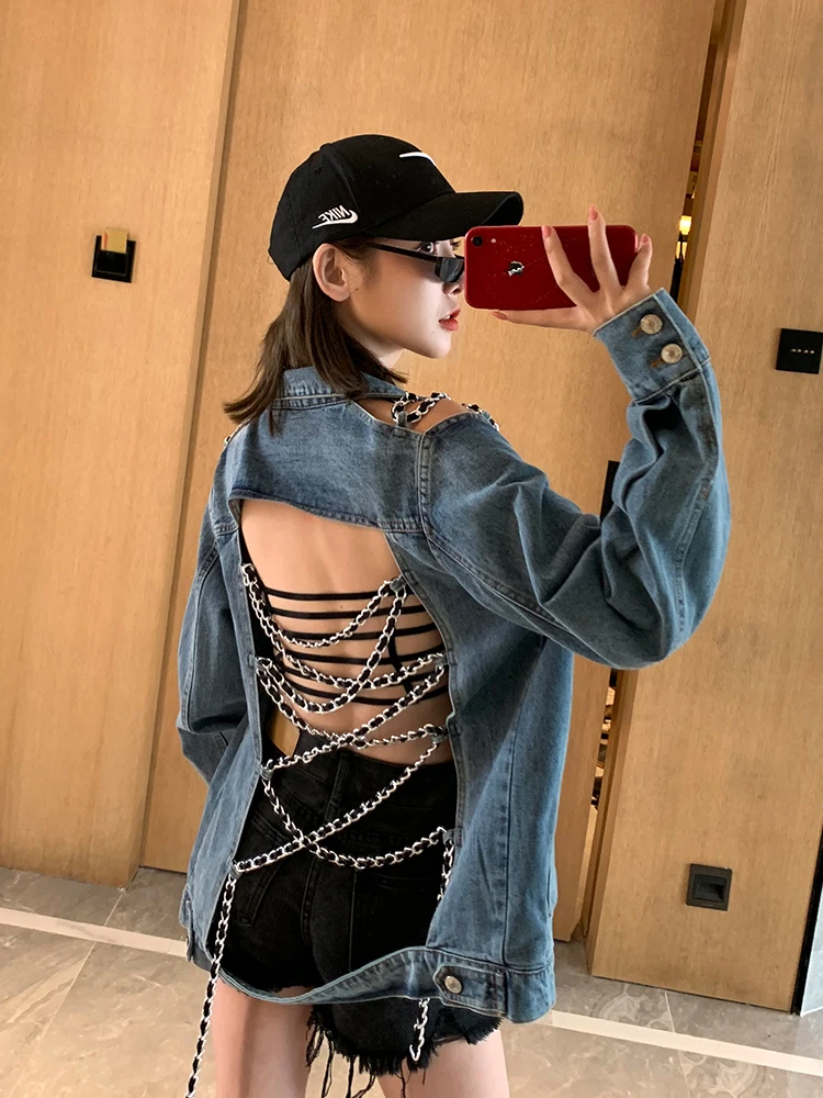 Женская джинсовая куртка с длинными рукавами Повседневная Свободная длинная из