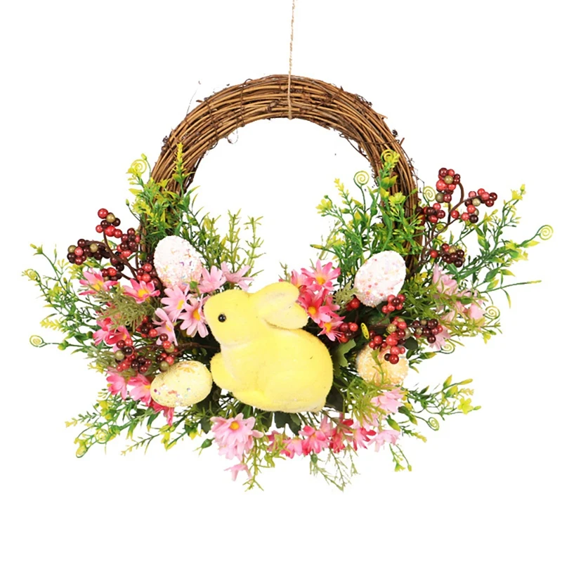 

Easter Wreath Decorated with Artificial Flowers Egg Rabbit