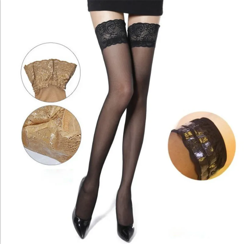 Сексуальные женские высокие чулки кружевной верх силиконовый ремешок