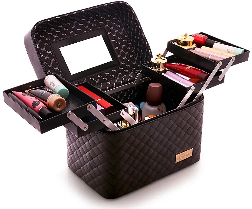 

Multifunction Cosmetic Bag with Mirror 4 Layer Drawers Foldable Tray Open To The Sides Earrings and Necklace Storage Display Box
