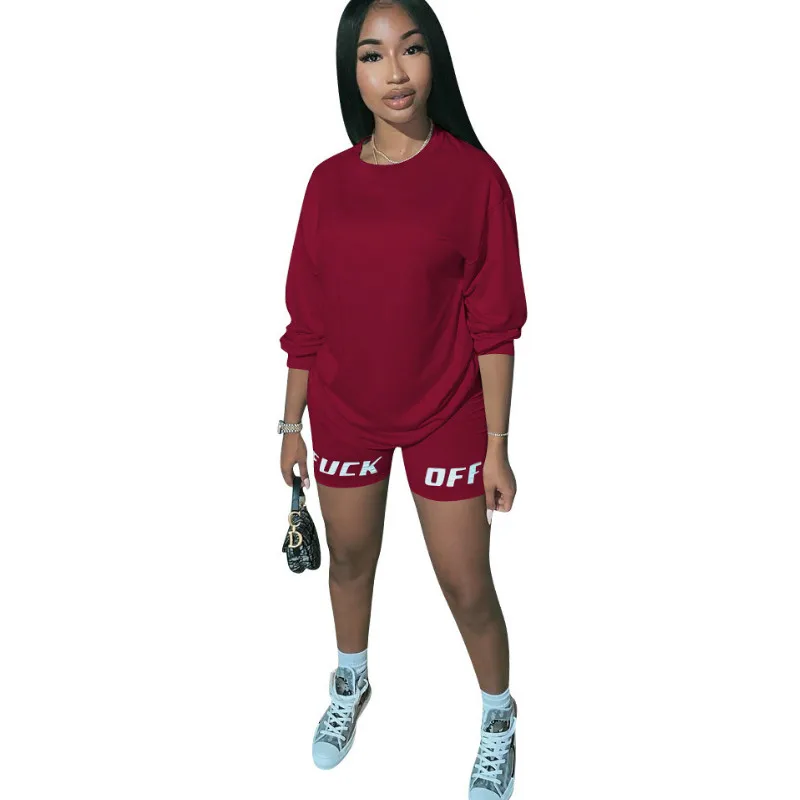 

2PCS women fashion long sleeve autumn solid color top t shirt + letter printed shorts outfit set
