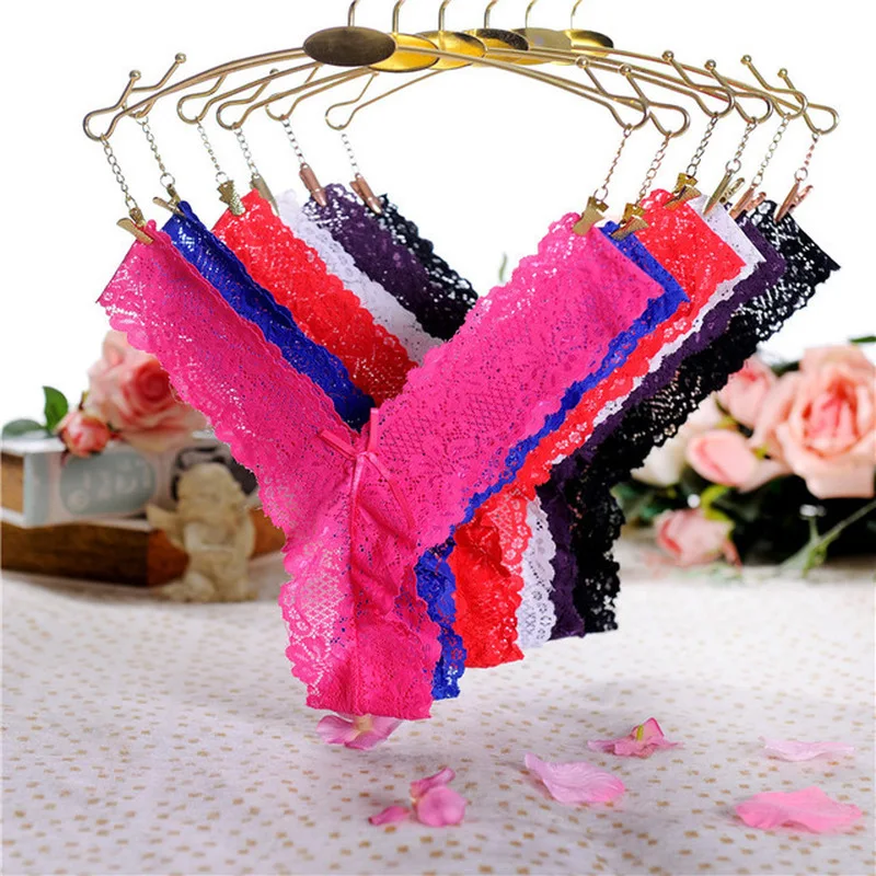 

5pcs/lots tangas Sexy Women's Underpants Full Lace Female Thong Panties Seamless Low Rise Bow Fashion Spandex Underwear