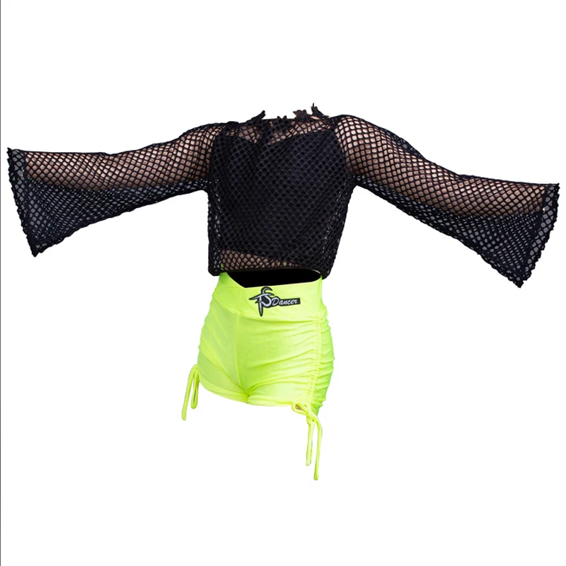 

New Latin Dance Clothes Girls Training Dress Set Net Smock Tops Shorts Latino Dance Exam Performance Costume Samba Clothes L4782