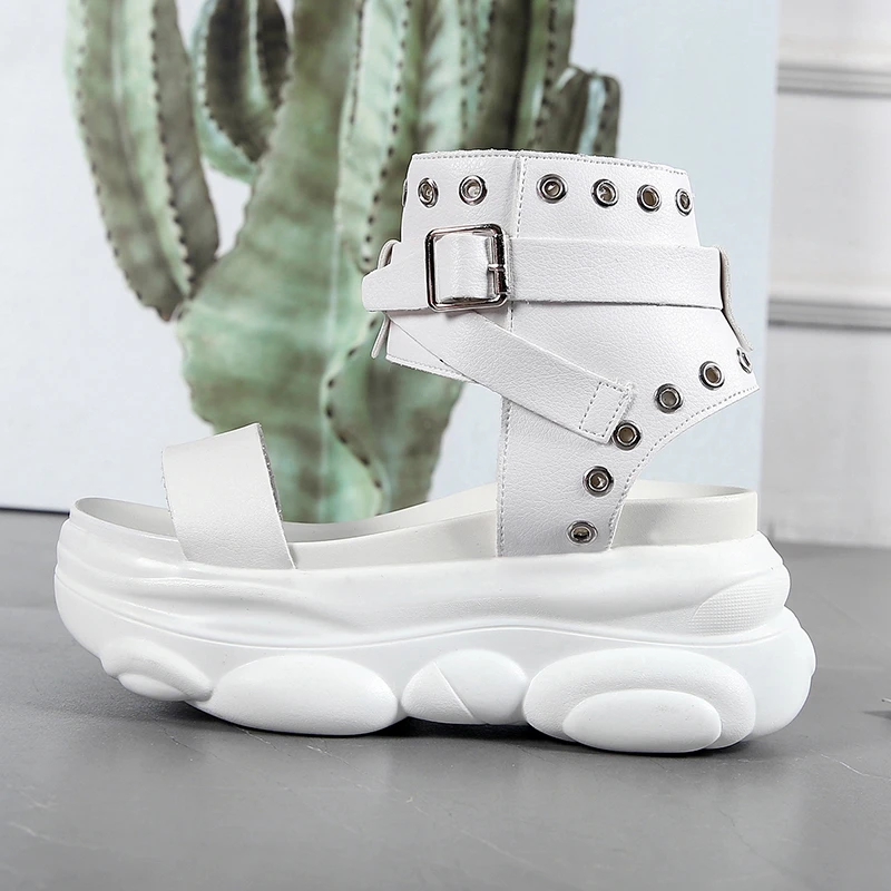 Сандалии женские кожаные на платформе повседневная обувь массивной подошве с